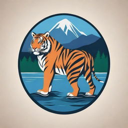 Design a logo for a tourism company incorporating elements of a Himalayan mountain, a flowing river, a majestic tiger, and symbolic references to tourism.