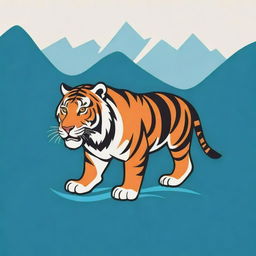 Design a logo for a tourism company incorporating elements of a Himalayan mountain, a flowing river, a majestic tiger, and symbolic references to tourism.