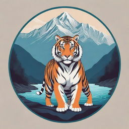 Create a tourism company logo showcasing elements of the Himalayan mountain range, a flowing river, a majestic tiger, a tourist, all styled in a cyberpunk aesthetic.