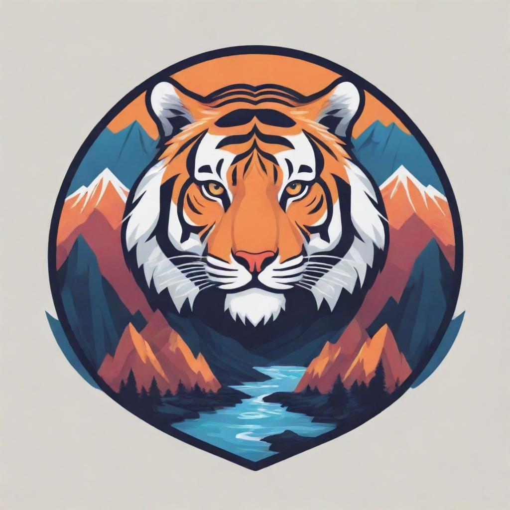 Create a tourism company logo showcasing elements of the Himalayan mountain range, a flowing river, a majestic tiger, a tourist, all styled in a cyberpunk aesthetic.