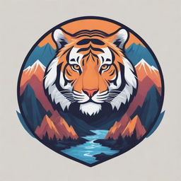 Create a tourism company logo showcasing elements of the Himalayan mountain range, a flowing river, a majestic tiger, a tourist, all styled in a cyberpunk aesthetic.