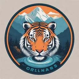 Create a tourism company logo showcasing elements of the Himalayan mountain range, a flowing river, a majestic tiger, a tourist, all styled in a cyberpunk aesthetic.