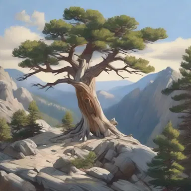 The artist skillfully captured the serenity and rugged beauty of the whitebark pine in a breathtaking landscape painting, showcasing its distinctive white bark and towering presence.