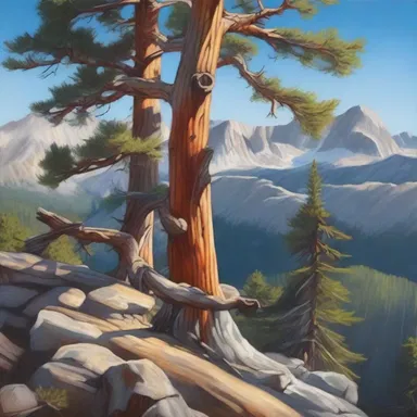 The artist skillfully captured the serenity and rugged beauty of the whitebark pine in a breathtaking landscape painting, showcasing its distinctive white bark and towering presence.