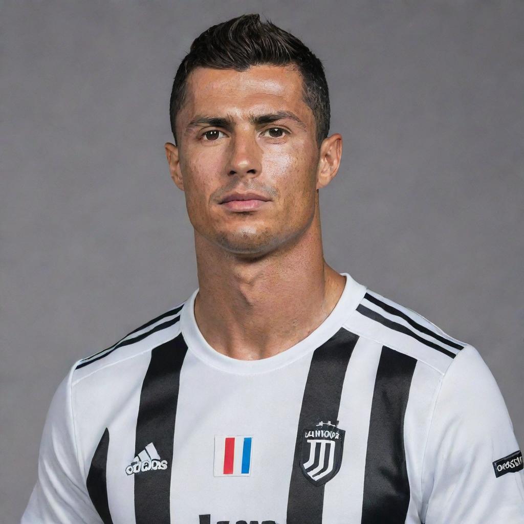 Cristiano Ronaldo, standing assertively in his Juventus football club kit, his determined gaze focused ahead. His tousled dark hair and muscular physique are on full display.