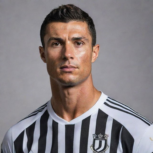 Cristiano Ronaldo, standing assertively in his Juventus football club kit, his determined gaze focused ahead. His tousled dark hair and muscular physique are on full display.