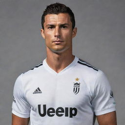 Cristiano Ronaldo, standing assertively in his Juventus football club kit, his determined gaze focused ahead. His tousled dark hair and muscular physique are on full display.