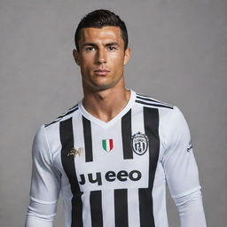 Cristiano Ronaldo, standing assertively in his Juventus football club kit, his determined gaze focused ahead. His tousled dark hair and muscular physique are on full display.