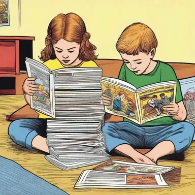 The siblings shared the stack of comics equally, taking turns reading them.
