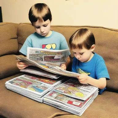 The siblings shared the stack of comics equally, taking turns reading them.