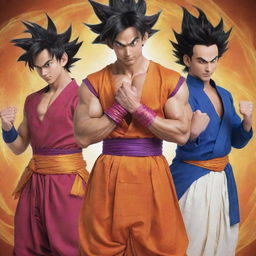 Dragon Ball Super characters in traditional Indian attire, Goku clad in a vibrant dhoti and kurta, Vegeta in a royal sherwani, their ki aura swirling around them.