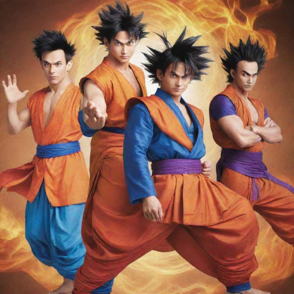 Dragon Ball Super characters in traditional Indian attire, Goku clad in a vibrant dhoti and kurta, Vegeta in a royal sherwani, their ki aura swirling around them.