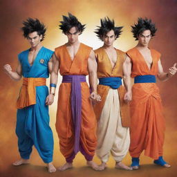 Dragon Ball Super characters in traditional Indian attire, Goku clad in a vibrant dhoti and kurta, Vegeta in a royal sherwani, their ki aura swirling around them.