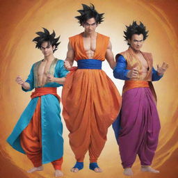 Dragon Ball Super characters in traditional Indian attire, Goku clad in a vibrant dhoti and kurta, Vegeta in a royal sherwani, their ki aura swirling around them.