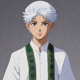 Killua Zoldyck from Hunter x Hunter wearing traditional Muslim attire, depicted in anime style