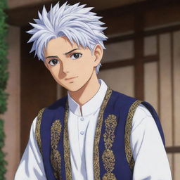 Killua Zoldyck from Hunter x Hunter wearing traditional Muslim attire, depicted in anime style