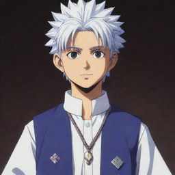 Killua Zoldyck from Hunter x Hunter wearing traditional Muslim attire, depicted in anime style