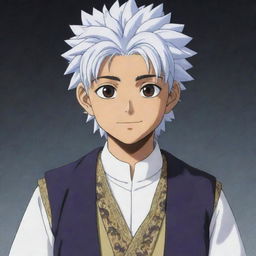 Killua Zoldyck from Hunter x Hunter wearing traditional Muslim attire, depicted in anime style