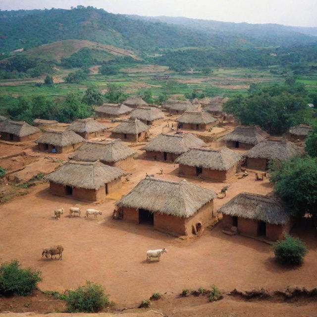 An Indian village as it would have appeared 30 years ago. There should be mud-brick homes, livestock, villagers in traditional clothes, and the vibrant colors typical of Indian culture.