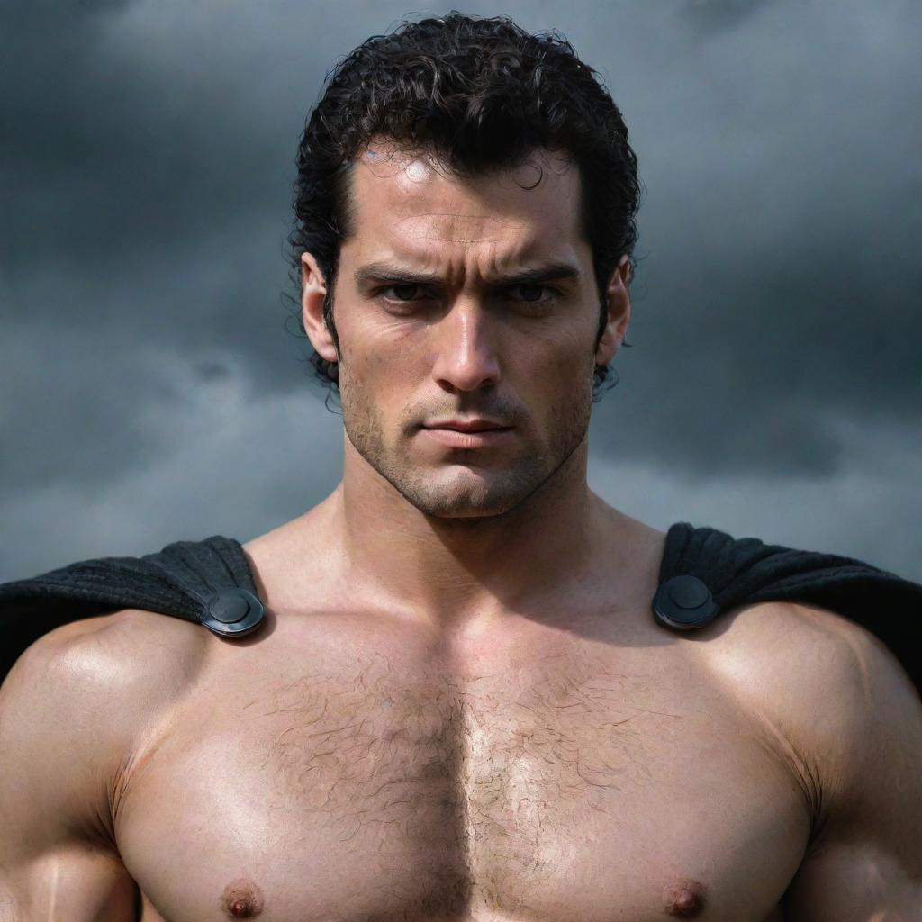 A realistic portrait of Henry Cavill styled as Guts from the anime Berserk, highlighting his intense stare, muscular physique, and iconic outfit.