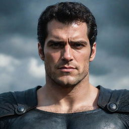 A realistic portrait of Henry Cavill styled as Guts from the anime Berserk, highlighting his intense stare, muscular physique, and iconic outfit.