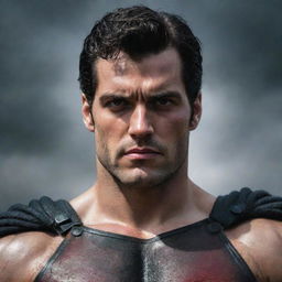 A realistic portrait of Henry Cavill styled as Guts from the anime Berserk, highlighting his intense stare, muscular physique, and iconic outfit.