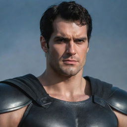 A realistic portrait of Henry Cavill styled as Guts from the anime Berserk, highlighting his intense stare, muscular physique, and iconic outfit.