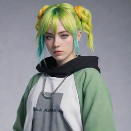 Anime character Toga Himiko dressed in Billie Eilish's unique fashion style, maintaining her edgy and vibrant aesthetic.