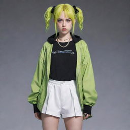 Anime character Toga Himiko dressed in Billie Eilish's unique fashion style, maintaining her edgy and vibrant aesthetic.