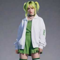 Anime character Toga Himiko dressed in Billie Eilish's unique fashion style, maintaining her edgy and vibrant aesthetic.