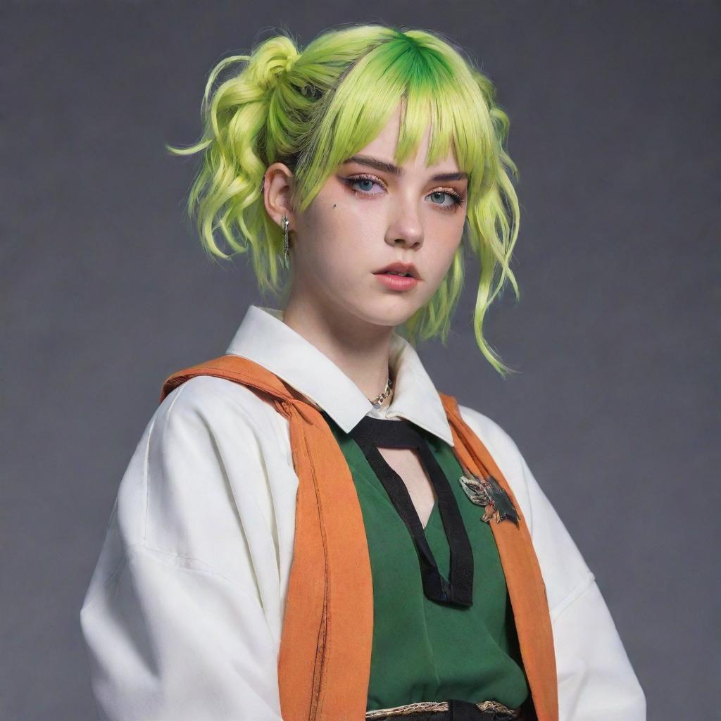 Anime character Toga Himiko dressed in Billie Eilish's unique fashion style, maintaining her edgy and vibrant aesthetic.