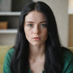 Create a raw style 4K HD image of a 23-year-old female with green eyes, long black hair with a golden lock, and freckles. She's wearing hipster-style clothes, looking tired on a sofa, at a medium distance shot.