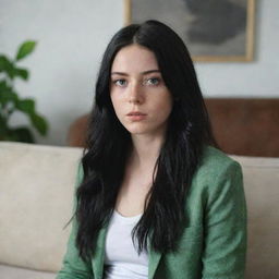 Create a raw style 4K HD image of a 23-year-old female with green eyes, long black hair with a golden lock, and freckles. She's wearing hipster-style clothes, looking tired on a sofa, at a medium distance shot.