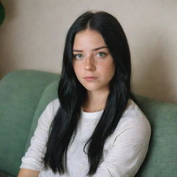 Create a raw style 4K HD image of a 23-year-old female with green eyes, long black hair with a golden lock, and freckles. She's wearing hipster-style clothes, looking tired on a sofa, at a medium distance shot.