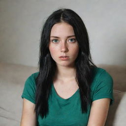 Create a raw style 4K HD image of a 23-year-old female with green eyes, long black hair with a golden lock, and freckles. She's wearing hipster-style clothes, looking tired on a sofa, at a medium distance shot.