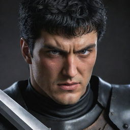 A hyperrealistic, detailed portrait of the character Guts from Berserk, showing his strong, intense features, the Dragonslayer sword, and his distinctive black armor.