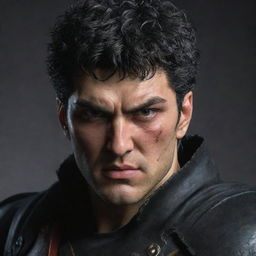 A hyperrealistic, detailed portrait of the character Guts from Berserk, showing his strong, intense features, the Dragonslayer sword, and his distinctive black armor.