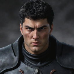 A hyperrealistic, detailed portrait of the character Guts from Berserk, showing his strong, intense features, the Dragonslayer sword, and his distinctive black armor.