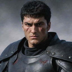 A hyperrealistic, detailed portrait of the character Guts from Berserk, showing his strong, intense features, the Dragonslayer sword, and his distinctive black armor.