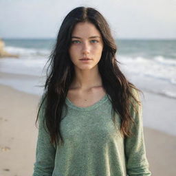 Create a raw-style 4K HD image of a 23-year-old female with green eyes, freckles, and long black hair with golden highlights. She's wearing hipster-style clothes, standing on a beach, at a medium distance shot.