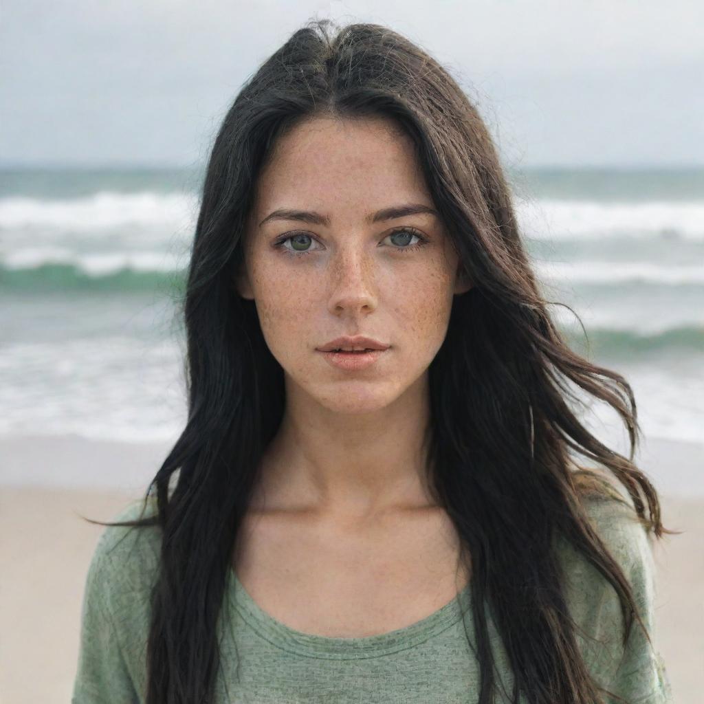 Create a raw-style 4K HD image of a 23-year-old female with green eyes, freckles, and long black hair with golden highlights. She's wearing hipster-style clothes, standing on a beach, at a medium distance shot.