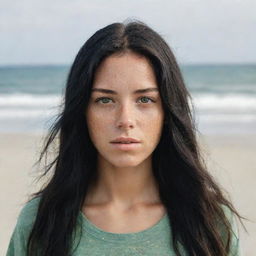 Create a raw-style 4K HD image of a 23-year-old female with green eyes, freckles, and long black hair with golden highlights. She's wearing hipster-style clothes, standing on a beach, at a medium distance shot.