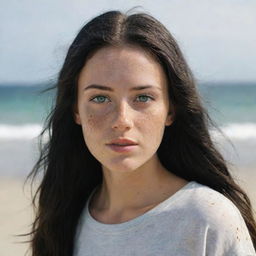 Create a raw-style 4K HD image of a 23-year-old female with green eyes, freckles, and long black hair with golden highlights. She's wearing hipster-style clothes, standing on a beach, at a medium distance shot.