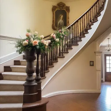 The elegant staircase in the grand mansion was adorned with beautiful flowers that were carefully wreathe around the railing.