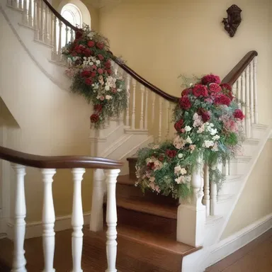 The elegant staircase in the grand mansion was adorned with beautiful flowers that were carefully wreathe around the railing.