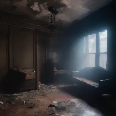 As darkness engulfed the haunted house, the eerie mist began to wreathe around the furniture, creating a chilling atmosphere.