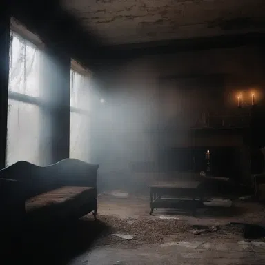 As darkness engulfed the haunted house, the eerie mist began to wreathe around the furniture, creating a chilling atmosphere.