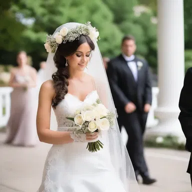The bride walked down the aisle, her long veil wreathe with delicate white roses that perfectly matched her bouquet.