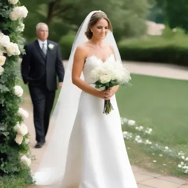 The bride walked down the aisle, her long veil wreathe with delicate white roses that perfectly matched her bouquet.