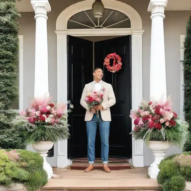 The couple wreathe their front door with flowers to create a romantic atmosphere.